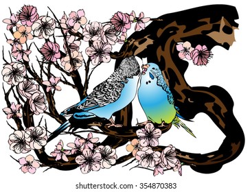 Vector drawing bird and cherry blossoms. Drawing by hand for background and text.