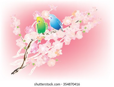 Vector drawing bird and cherry blossoms. Drawing by hand for background and text.