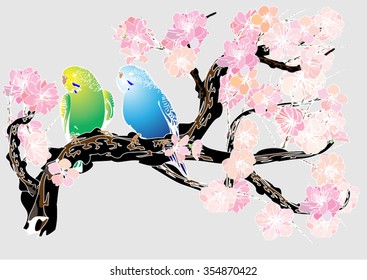 Vector drawing bird and cherry blossoms. Drawing by hand for background and text.