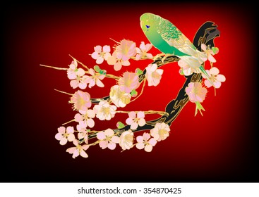 Vector drawing bird and cherry blossoms. Drawing by hand for background and text.