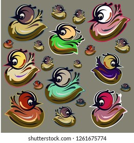 vector drawing bird child colored chick in a set