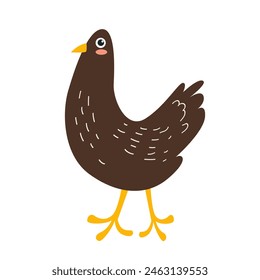 Vector drawing of a bird in doodle style, isolated on a white background. Chicken, birds on the farm, funny bird image, can be used for children's prints and books.