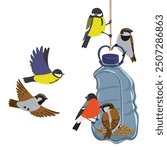 vector drawing bird feeder is made from plastic water bottle and wild forest birds, waste recycling, reuse, isolated at white background, hand drawn vector illustration