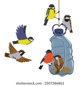 vector drawing bird feeder is made from plastic water bottle and wild forest birds, waste recycling, reuse, isolated at white background, hand drawn vector illustration