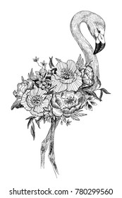 Vector drawing bird Flamingo with blooming flowers. Isolated decorative element. Graphic bird concept. Tropical concept. flower concept. Engraving style