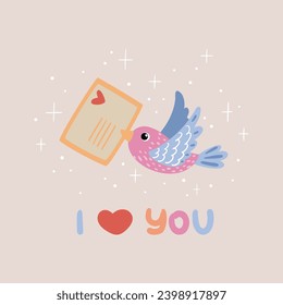 Vector drawing with a bird with a postal letter and inscriptions. Suitable for printing on T-shirts, Valentine's Day cards, etc.