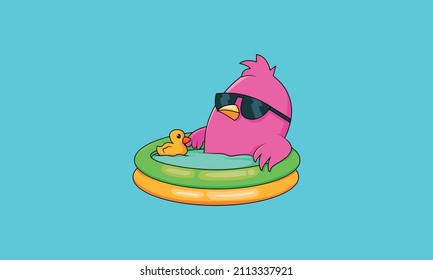 dibujo vectorial de un pájaro descansando y tomando el sol en una piscina junto con un pato. Papel de escritorio, afiche, tarjetas, decoración de pared.