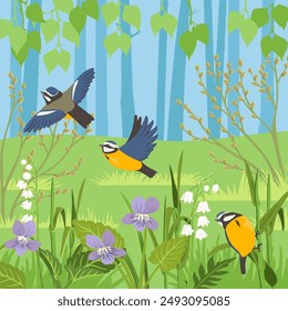 vector drawing birds in birch grove, hand drawn blue tits in green spring forest with trees and flowers, natural background , cartoon style backdrop