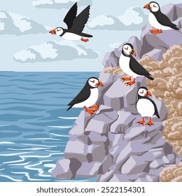 vector drawing birds at cliff, hand drawn Atlantic puffin at rocks in sea , coastal ocean landscape