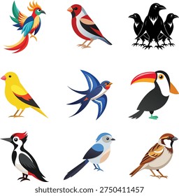 Vector Drawing of Birds Collection, Old World sparrows, Long-tailed tit, Woodpecker, Toucans, Swallows, Atlantic canary, Crows Bird, Finches, paradise