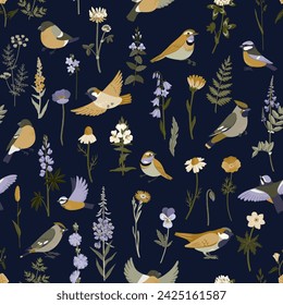 vector drawing birds , flowers and leaves , hand drawn seamless pattern, natural background, cartoon cover