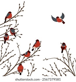 vector drawing birds at tree branches, hand drawn bullfinches, isolated nature design element