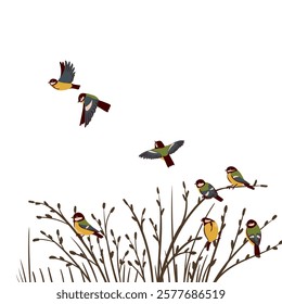 vector drawing birds at tree branches, hand drawn great tits, isolated nature design element, winter landscape