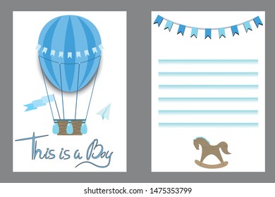 Vector drawing of a birthday card for a boy with the calligraphic inscription "This is a boy" and blue toys and flags and a balloon.