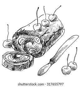 Vector drawing of biscuit roll with cherries. Vintage illustration of dessert.