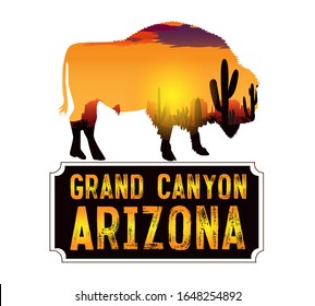 Vector drawing of a bison on a background of a desert sunset. For the design of postcards and posters.