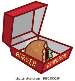 dibujo vectorial de una hamburguesa mordida en una caja abierta. aislado de fondo blanco.