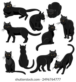 vector drawing black cats with yellow eyes isolated at white background, hand drawn illustration