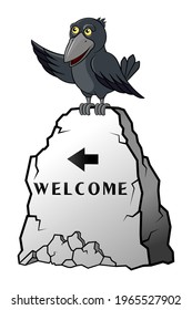 Vector drawing of a black crow sitting on a stone, indicates the direction of the wing