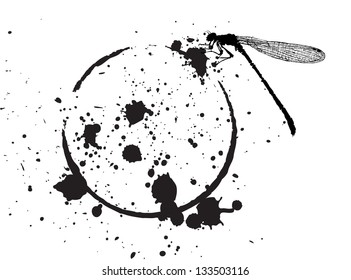 Vector drawing of  black dragonfly against the background of blots and stains.