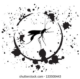 Vector drawing of  black mosquito against the background of blots and stains.