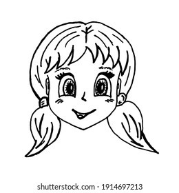 vector dibujando negro sobre una chica de fondo blanca con un peinado. dibujo a mano estilo doodle de cara de bebé. ilustración de emoción infantil