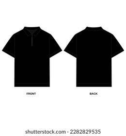 Vector drawing of black polo shirt with zipper, front and back view. Outline T-shirt template with collar, short sleeve. Sketch of black male polo shirt with zipper, vector.