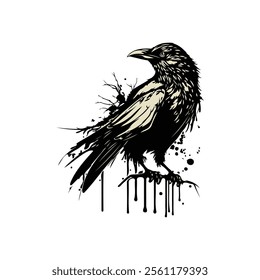 vector drawing black raven, crow, dark bird isolated at white background, hand drawn illustration