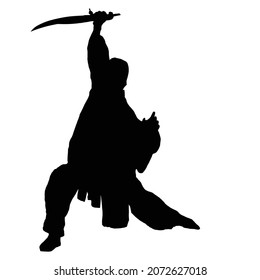dibujo vectorial de una silueta negra de un monje con una fisura ritual en la mano. Está usando un kimono y una capucha, está en una posición de lucha. el hombre es un guerrero de fantasía. 2.º arte