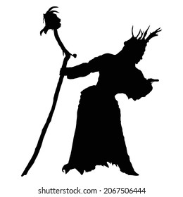 dibujo vectorial de una silueta negra sobre un fondo blanco de una bella muchacha con el pelo largo. en su mano tiene un equipo
con un cráneo al final. Lleva una corona y un vestido largo. 2.º arte