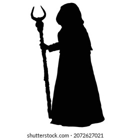 vector drawing of a black silhouette on a white background of a beautiful girl with long hair.she has a long staff with a beast's skull on the tip. She's wearing a hooded raincoat and boots. 2d art