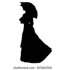vector drawing of a black silhouette on a white background of a beautiful girl with an umbrella. she is dressed in a long evening dress and holds a cane in her hand. 2d art
