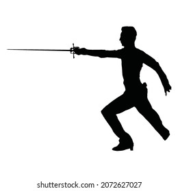vector drawing of a black silhouette on a white background of a man in a fighting pose with a sharp blade in his hand. he's fencing with a rapier. he is wearing wide trousers and no outerwear. 2d art