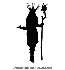 vector drawing of a black silhouette on a white background of a beautiful girl with long hair.in her hand she has a staff
with a skull on the end. She's wearing a crown and a long dress. 2d art