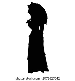 vector drawing of a black silhouette on a white background of a beautiful girl with an umbrella. she is dressed in a long evening dress and holds a cane in her hand. 2d art