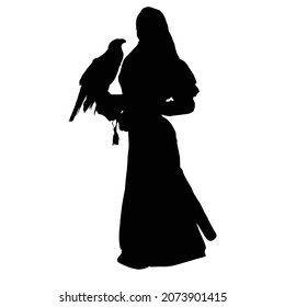 vector drawing of a black silhouette on a white background of a beautiful girl with long hair with a bird.. she's wearing a long dress and boots. 2d art