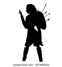 vector drawing of a black silhouette on a white background of a beautiful girl with long hair. she has a sharp sword and a shield with arrows in her hand. she is wearing iron armor and boots. 2d art