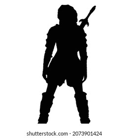 vector drawing of a black silhouette on a white background of a beautiful girl with long hair.she has a sharp sword hanging on her back. She is wearing iron armor and boots. 2d art