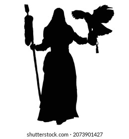 vector drawing of a black silhouette on a white background of a beautiful girl with long hair. in her hand she has a staff on which a bird is sitting. she's wearing a long dress and boots. 2d art