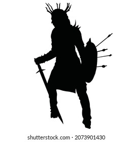 vector drawing of a black silhouette on a white background of a beautiful girl with long hair. she has a sharp sword and a shield with arrows in her hand. she is wearing iron armor and boots. 2d art