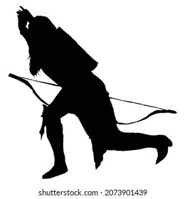 vector drawing of a black silhouette on a white background of a beautiful girl with long hair. she has a bow in her hand and a quiver of arrows on her back. she's sneaking around everywhere.2d art