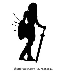 vector drawing of a black silhouette on a white background of a beautiful girl with long hair. she has a sharp sword and a shield with arrows in her hand. she is wearing iron armor and boots. 2d art