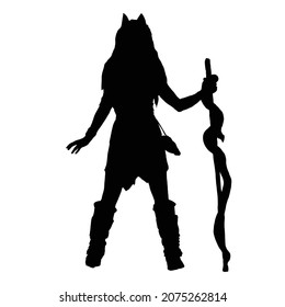 vector drawing of a black silhouette on a white background of a beautiful girl with long hair. she has a staff in her hand . she's wearing iron armor and boots. 2d art