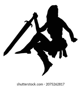 vector drawing of a black silhouette on a white background of a beautiful killer girl in a hood. she has a long, sharp magic sword in her hands. she is wearing leather armor and boots. 2d art