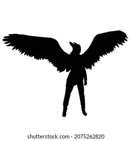 vector drawing of a black silhouette on a white background of a beautiful girl with long hair. she has big angel wings on her back and a weapon in her hand. she 's a valkyrie .2d art