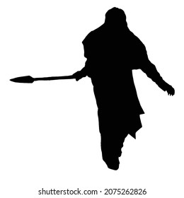 vector drawing of a black silhouette on a white background of a beautiful girl with long hair. she has a sharp spear in her hand. she is wearing iron armor and boots.she's in a fighting pose.2d art