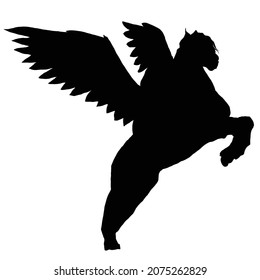 vector drawing of a black silhouette on a white background of a strong magical horse from myths. he has big wings and feathers. he's in a jumping position. 2d art