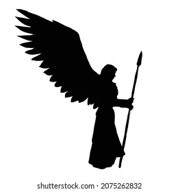 dibujo vectorial de una silueta negra sobre un fondo blanco de una bella muchacha con el pelo largo. tiene grandes alas de ángel en la espalda y un arma en la mano. es un arte valkyrie.2d