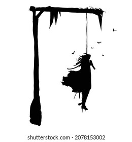 vector drawing of a black silhouette on a white background. A girl in a long fluffy dress hanging on an old wooden gallows. crows are flying nearby, ribbons and drops of blood are hanging down. 2d art