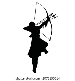 vector drawing of a black silhouette on a white background. A beautiful archer girl stands in an elegant beautiful pose in a long dress and aims a bow with three magical burning arrows. 2d ar